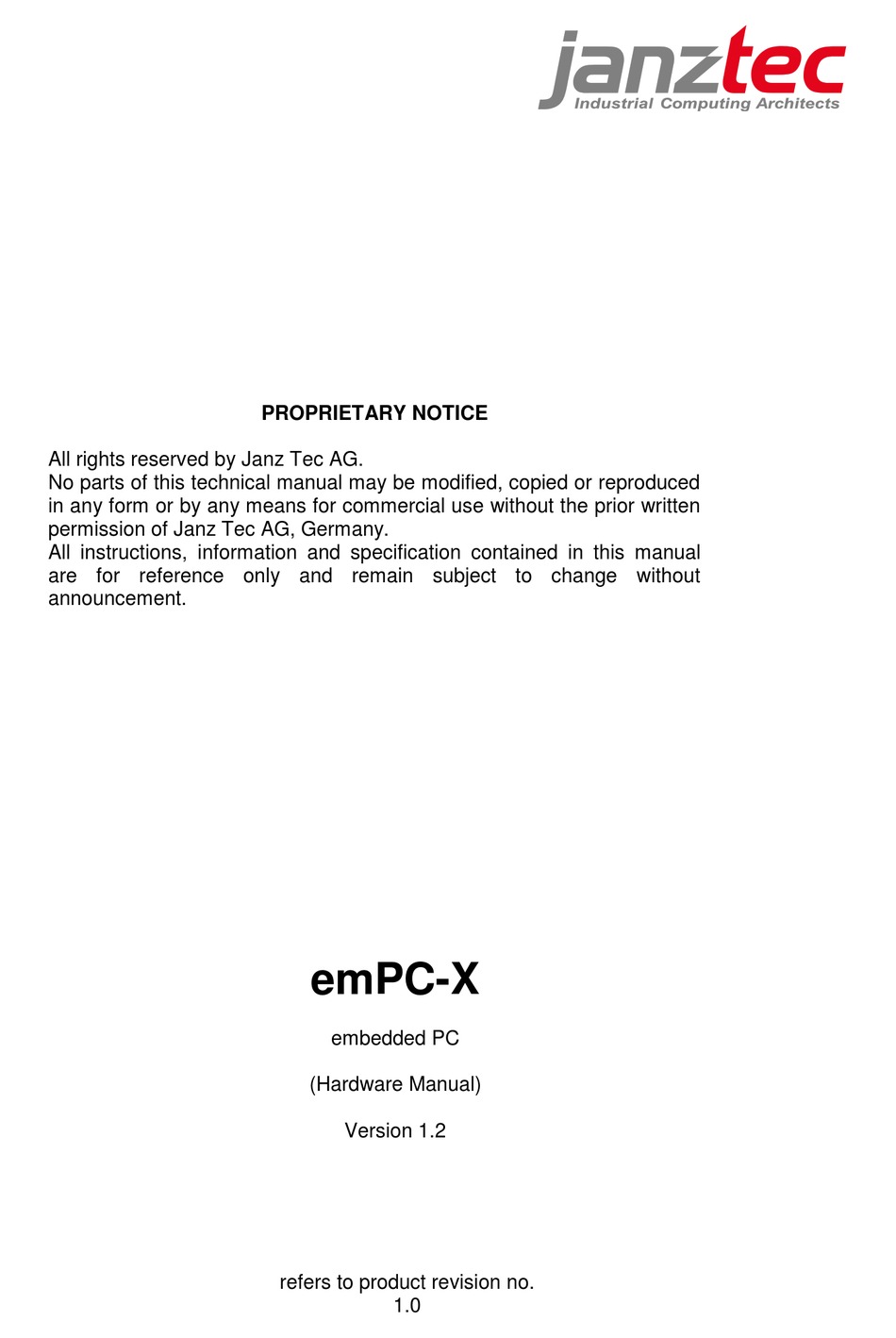 JANZ TEC EMPC-X SERIES HARDWARE MANUAL Pdf Download | ManualsLib