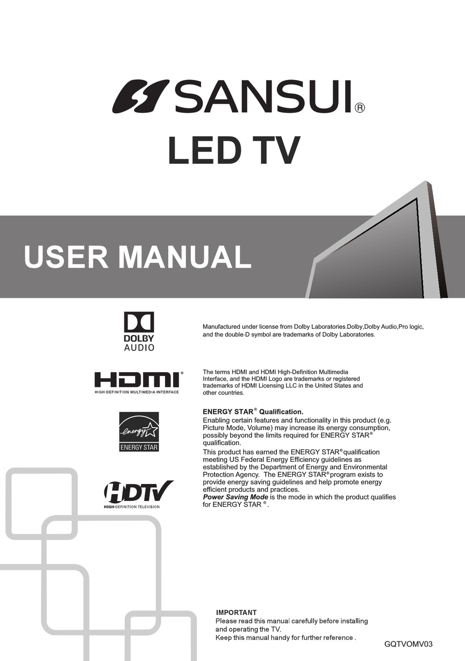 SANSUI GQTVOMV03 USER MANUAL Pdf Download ManualsLib