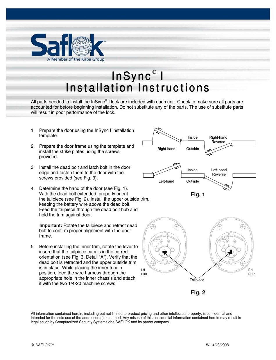 KABA GROUP SAFLOK INSYNC I INSTALLATION INSTRUCTIONS Pdf Download 