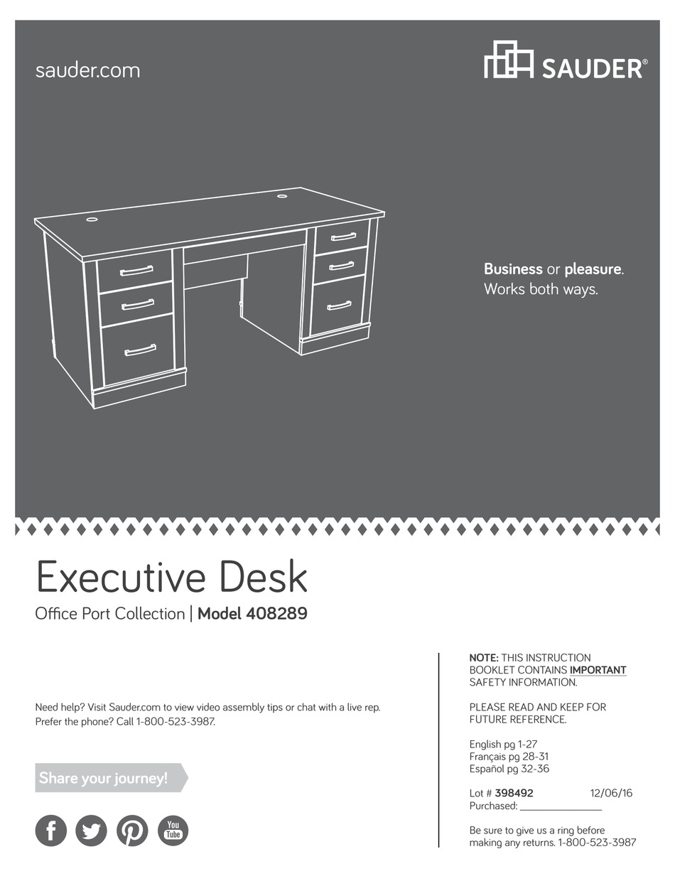 Sauder Executive Desk 408289 Instruction Booklet Pdf Download Manualslib