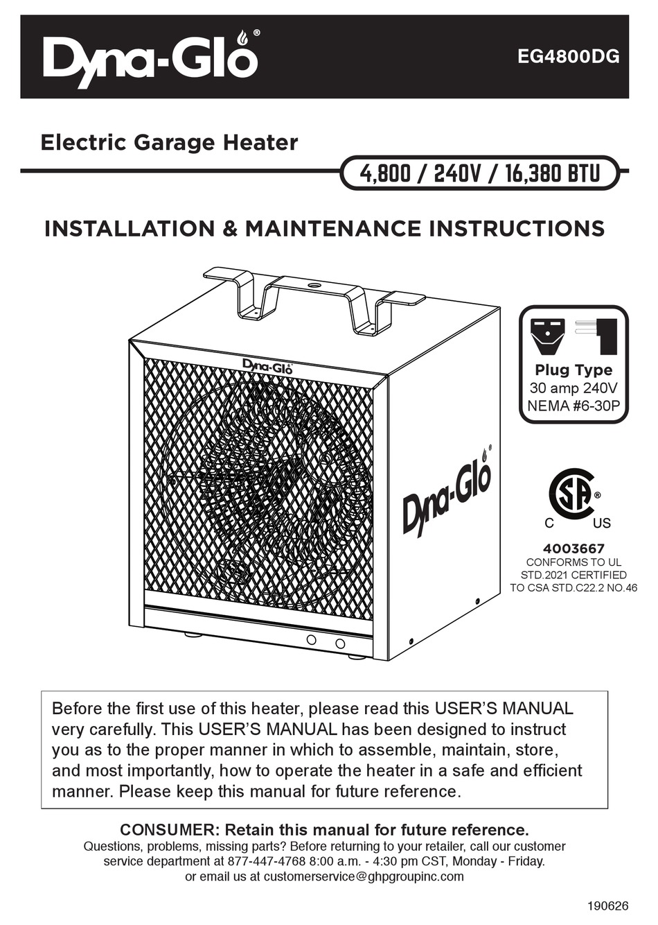 DYNAGLO EG4800DG INSTALLATION & MAINTENANCE INSTRUCTIONS MANUAL Pdf