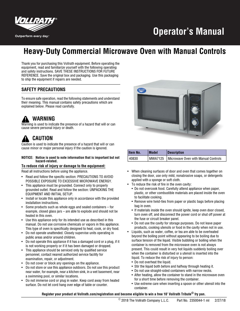 Vollrath 40830 - Microwave Oven Manual Control