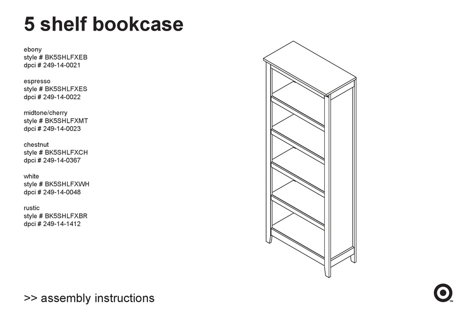 Target Bk5shlfxeb Assembly Instructions, Carson 5 Shelf Bookcase Espresso