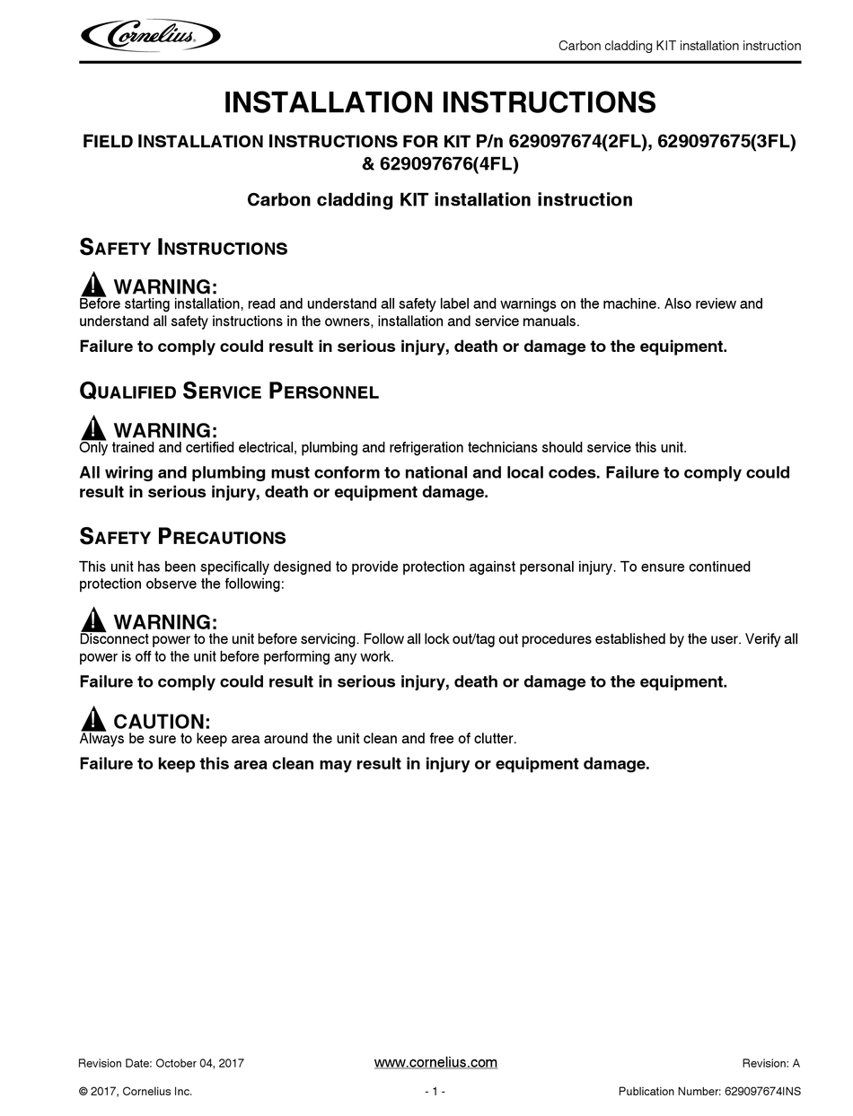 CORNELIUS 629097674 INSTALLATION INSTRUCTIONS MANUAL Pdf Download