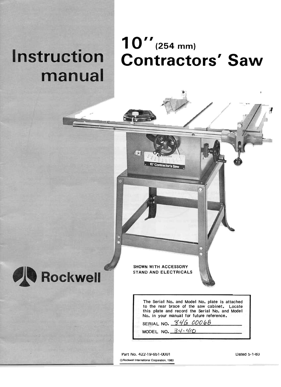 Rockwell Delta 10" Tilting Arbor Table Saw Operator & Parts Manual #890 