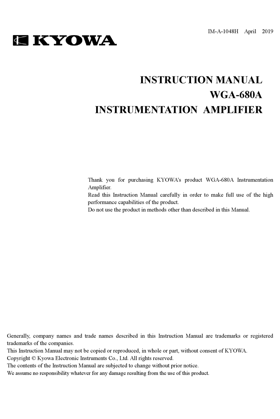 KYOWA WGA-680A SERIES INSTRUCTION MANUAL Pdf Download | ManualsLib