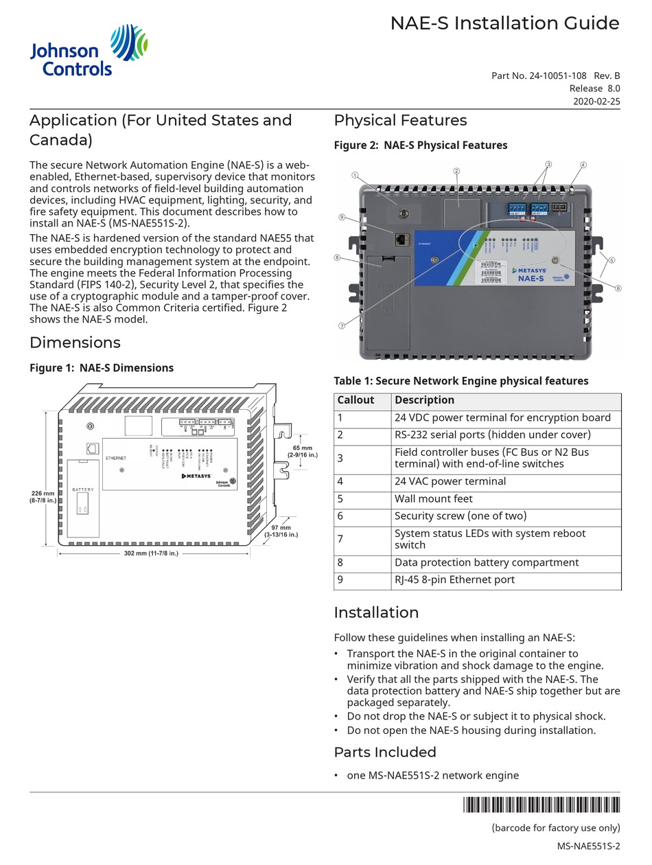 JOHNSON CONTROLS NAE-S INSTALLATION MANUAL Pdf Download | ManualsLib