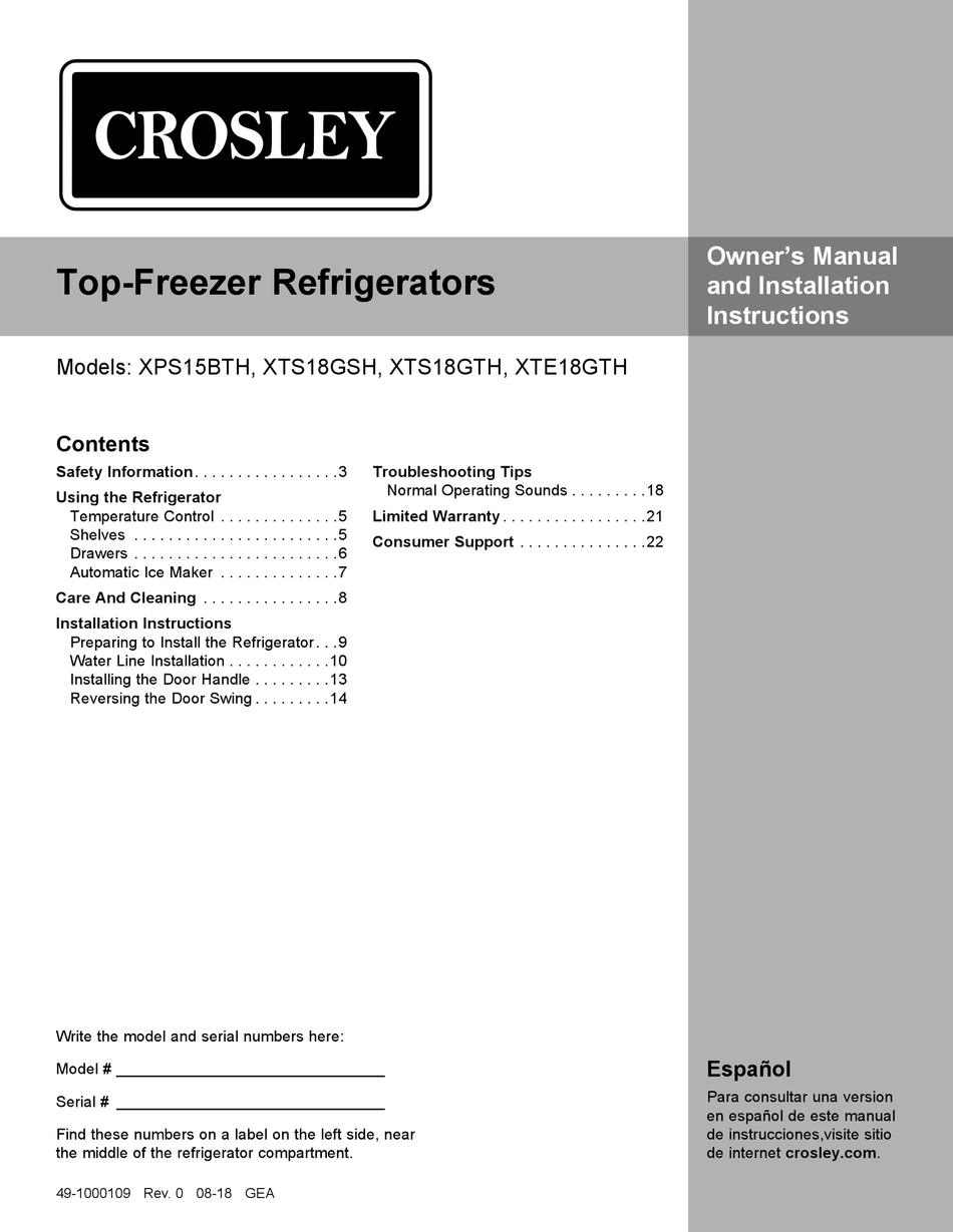 Crosley Xps15bth Owner S Manual And Installation Instructions Pdf Download Manualslib