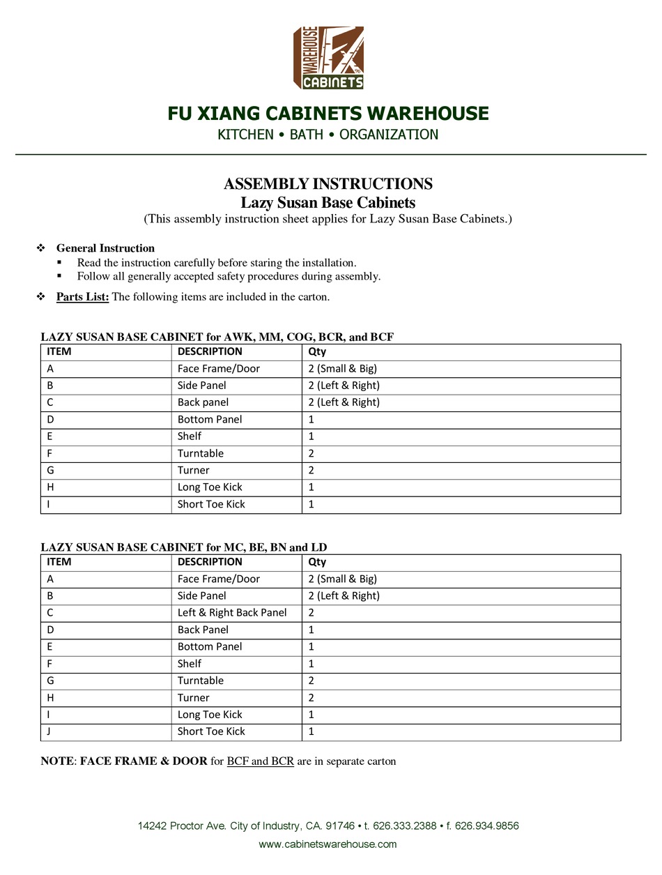 FX WAREHOUSE LAZY SUSAN SERIES ASSEMBLY INSTRUCTIONS Pdf Download ManualsLib