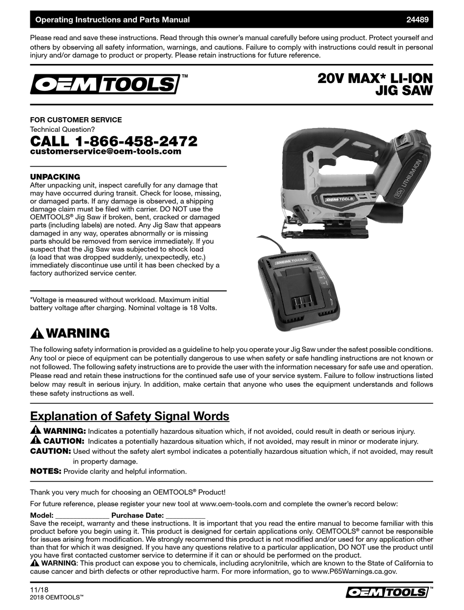 OEMTOOLS 24489 20V MAX* Li-ion Jig Saw