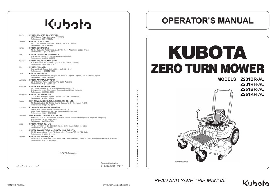 KUBOTA Z231BRAU OPERATOR