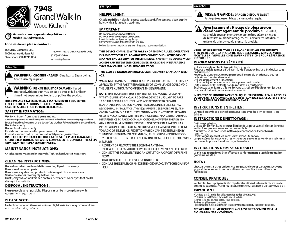 Step2 Grand Walk In Wood Kitchen 7948 Assembly Manual Pdf Download Manualslib