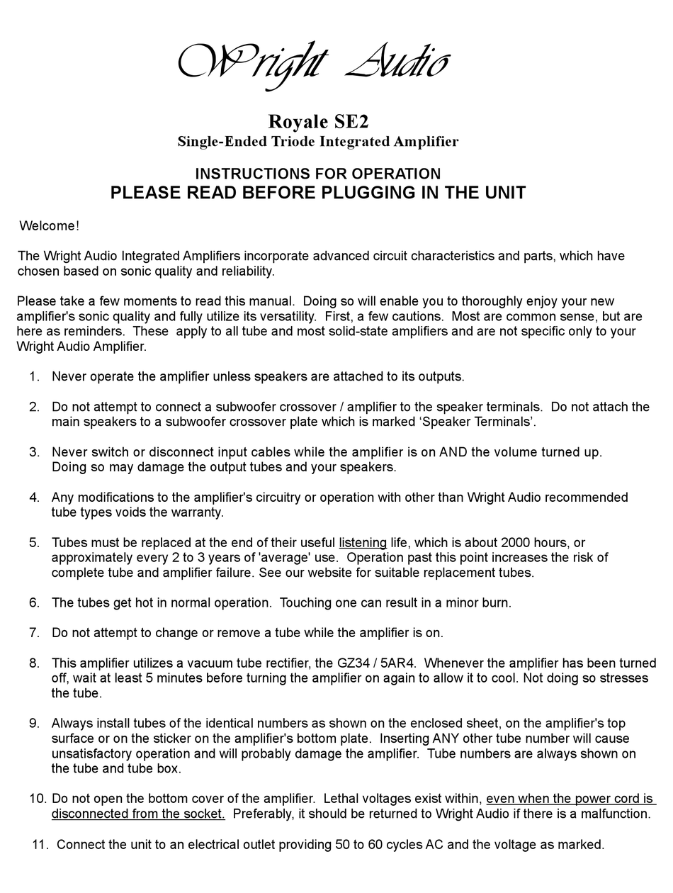WRIGHT AUDIO ROYALE SE2 INSTRUCTIONS FOR OPERATION Pdf Download