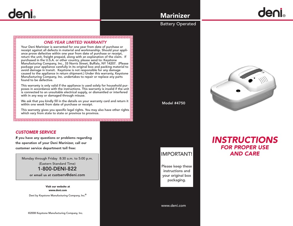 DENI 4750 INSTRUCTIONS FOR PROPER USE AND CARE Pdf Download ManualsLib