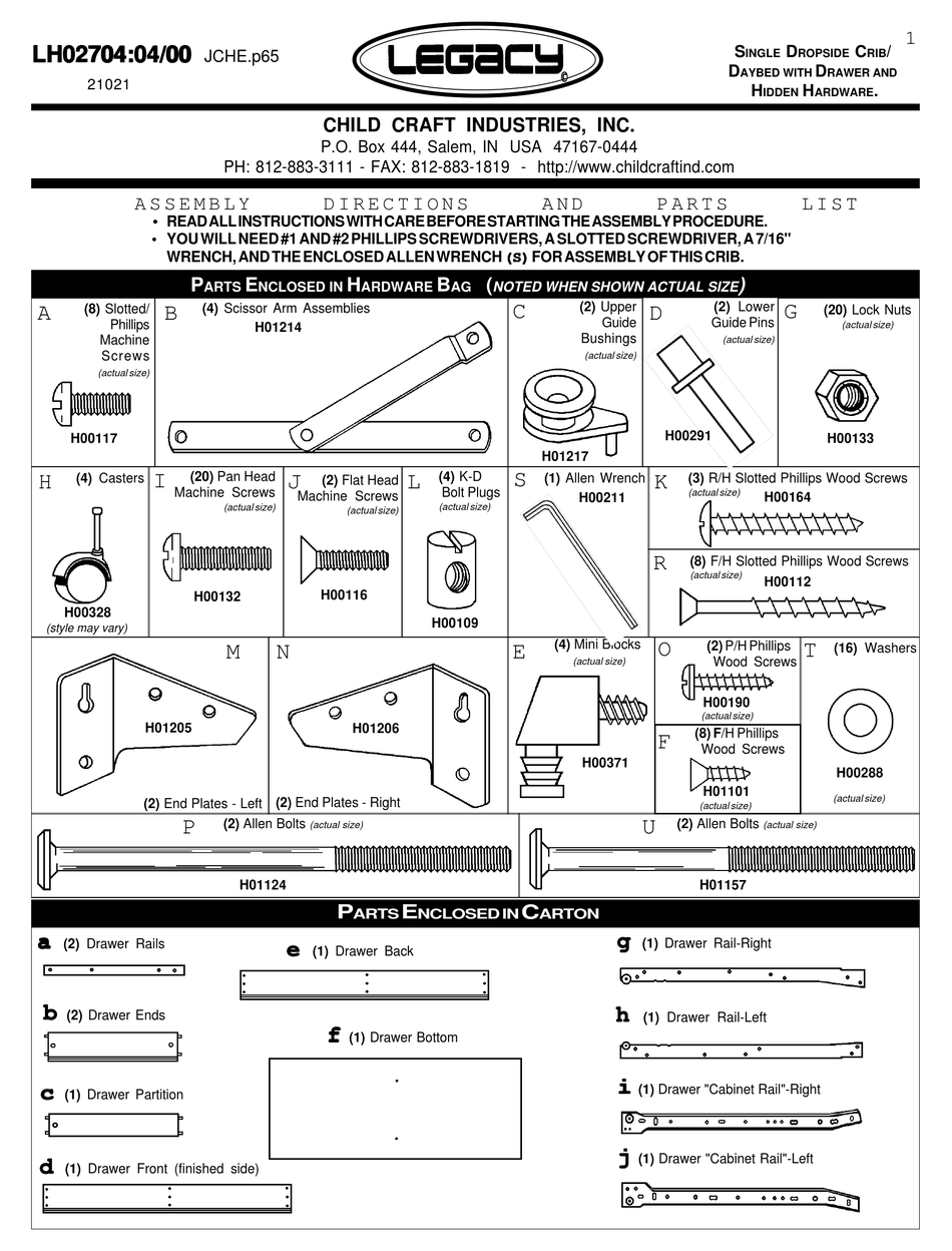 LEGACY SINGLE DROPSIDE CRIB ASSEMBLY DIRECTIONS AND PARTS LIST Pdf