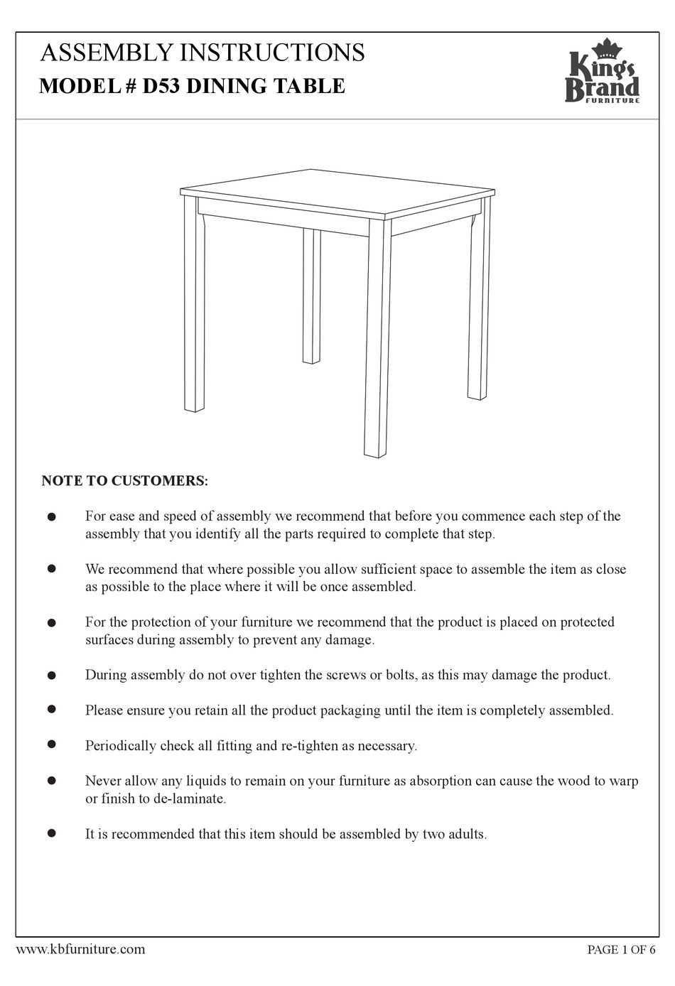 KINGS BRAND FURNITURE D53 ASSEMBLY INSTRUCTIONS MANUAL Pdf Download