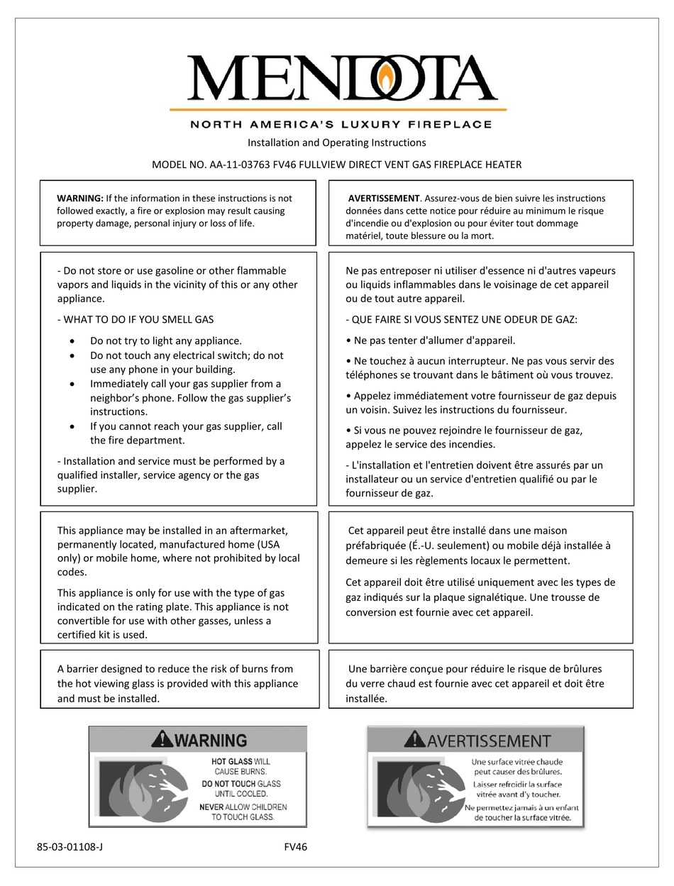 MENDOTA FV46 INSTALLATION AND OPERATING INSTRUCTIONS MANUAL Pdf
