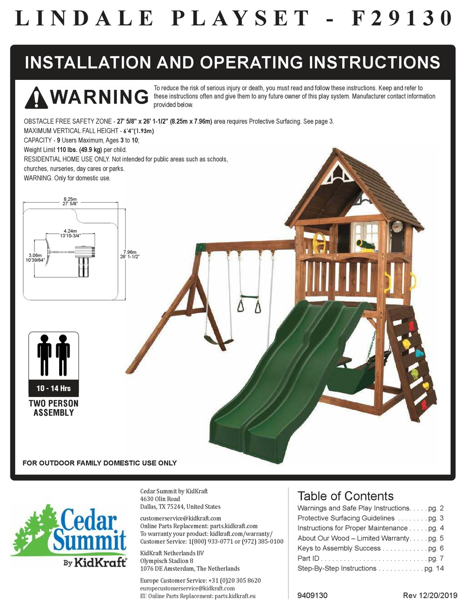 KIDKRAFT CEDAR SUMMIT LINDALE PLAYSET F29130 INSTALLATION AND OPERATING