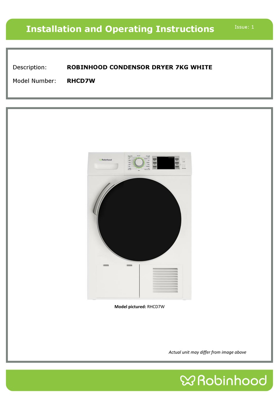 ROBINHOOD RHCD7W INSTALLATION AND OPERATING INSTRUCTIONS MANUAL Pdf