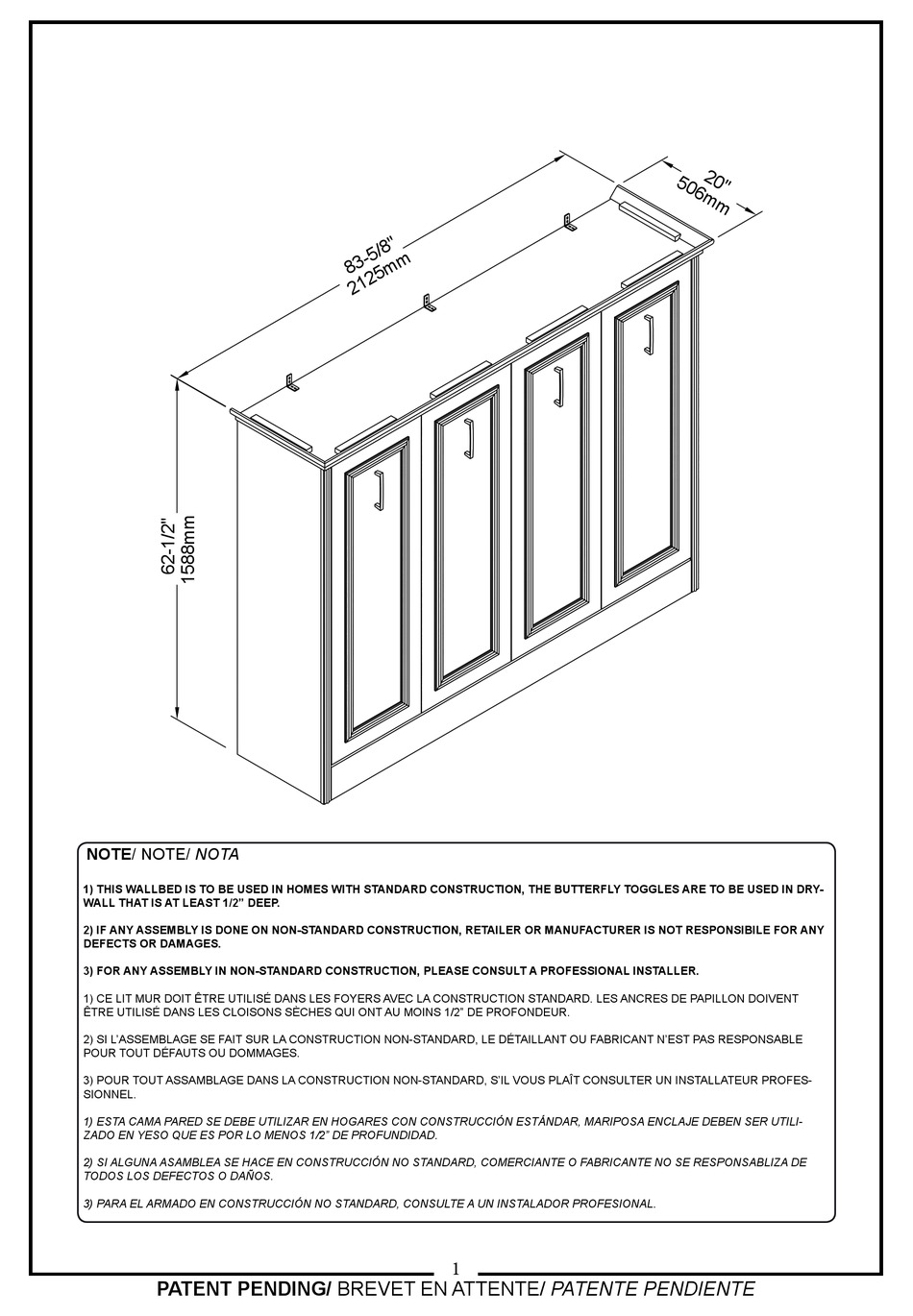 LETO MURO FURNITURE ALLEGRA DOUBLE LANDSCAPE WALL BED ASSEMBLY INSTRUCTIONS MANUAL Pdf Download