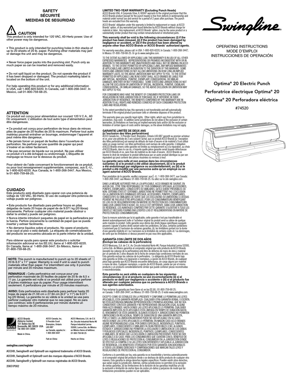 SWINGLINE OPTIMA 20 OPERATING INSTRUCTIONS Pdf Download ManualsLib