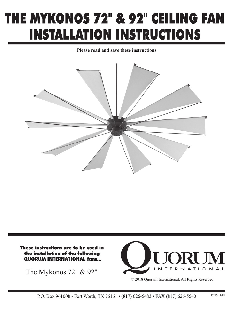 QUORUM INTERNATIONAL MYKONOS 72" INSTALLATION INSTRUCTIONS MANUAL Pdf