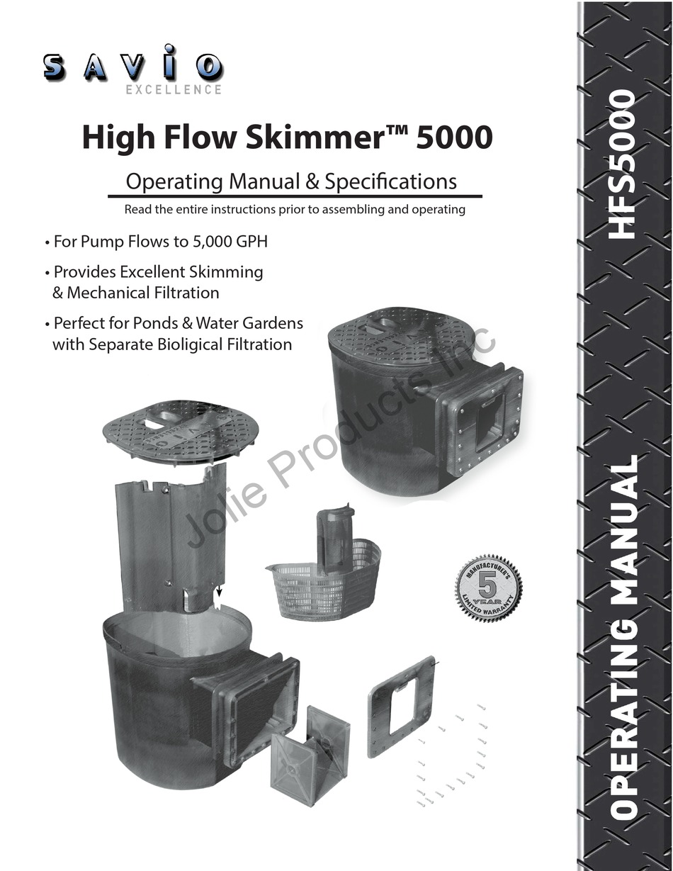 SAVIO HIGH FLOW SKIMMER 5000 OPERATING MANUAL & SPECIFICATIONS Pdf