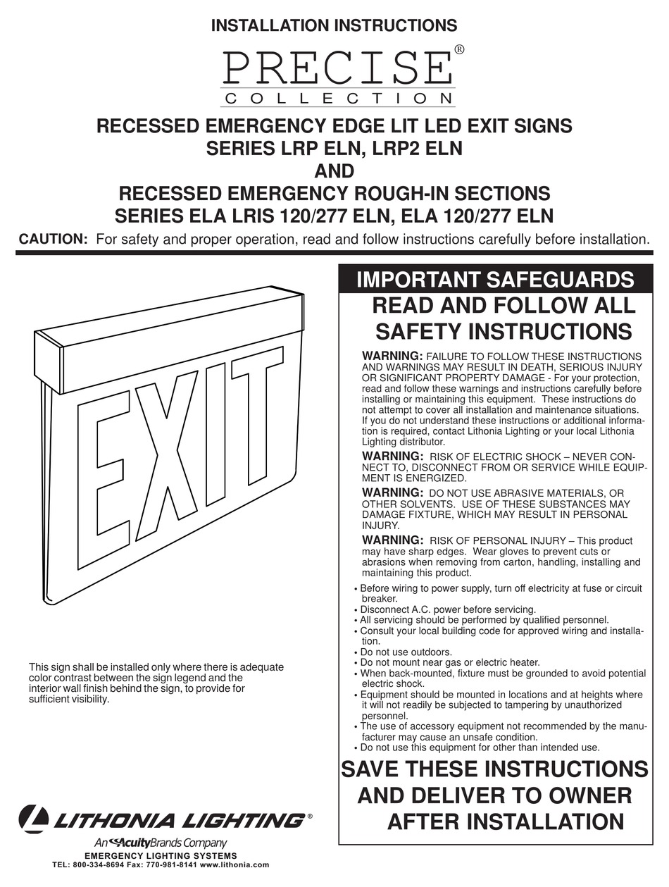 ACUITY BRANDS LITHONIA LIGHTING PRECISE LRP ELN SERIES INSTALLATION