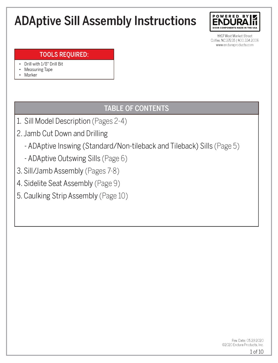 ENDURA ADAPTIVE SILL ASSEMBLY INSTRUCTIONS MANUAL Pdf Download ManualsLib