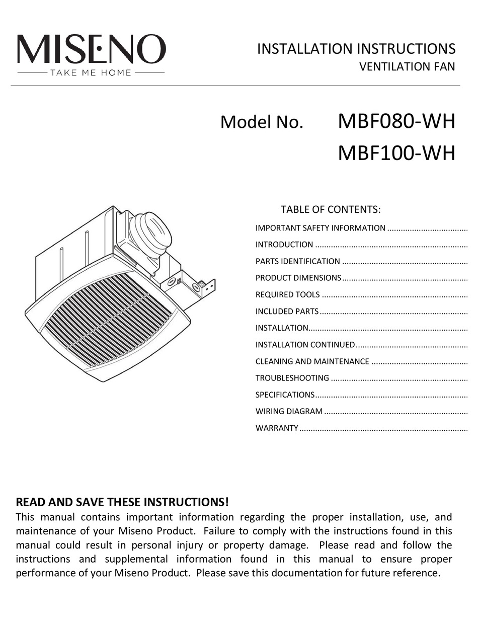 MISENO MBF080WH INSTALLATION INSTRUCTIONS MANUAL Pdf Download ManualsLib