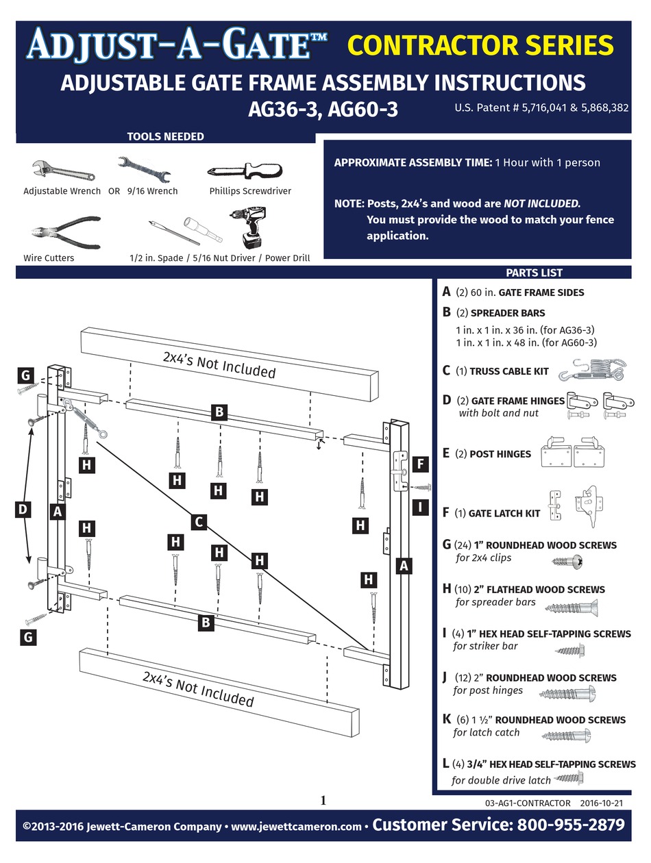 JEWETTCAMERON ADJUSTAGATE CONTRACTOR SERIES ASSEMBLY INSTRUCTIONS