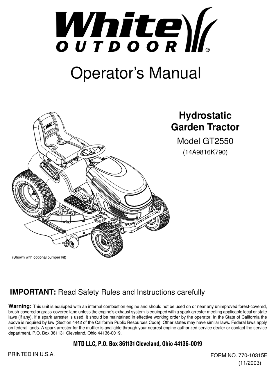 Mtd White Outdoor Gt2550 Operator S Manual Pdf Download Manualslib