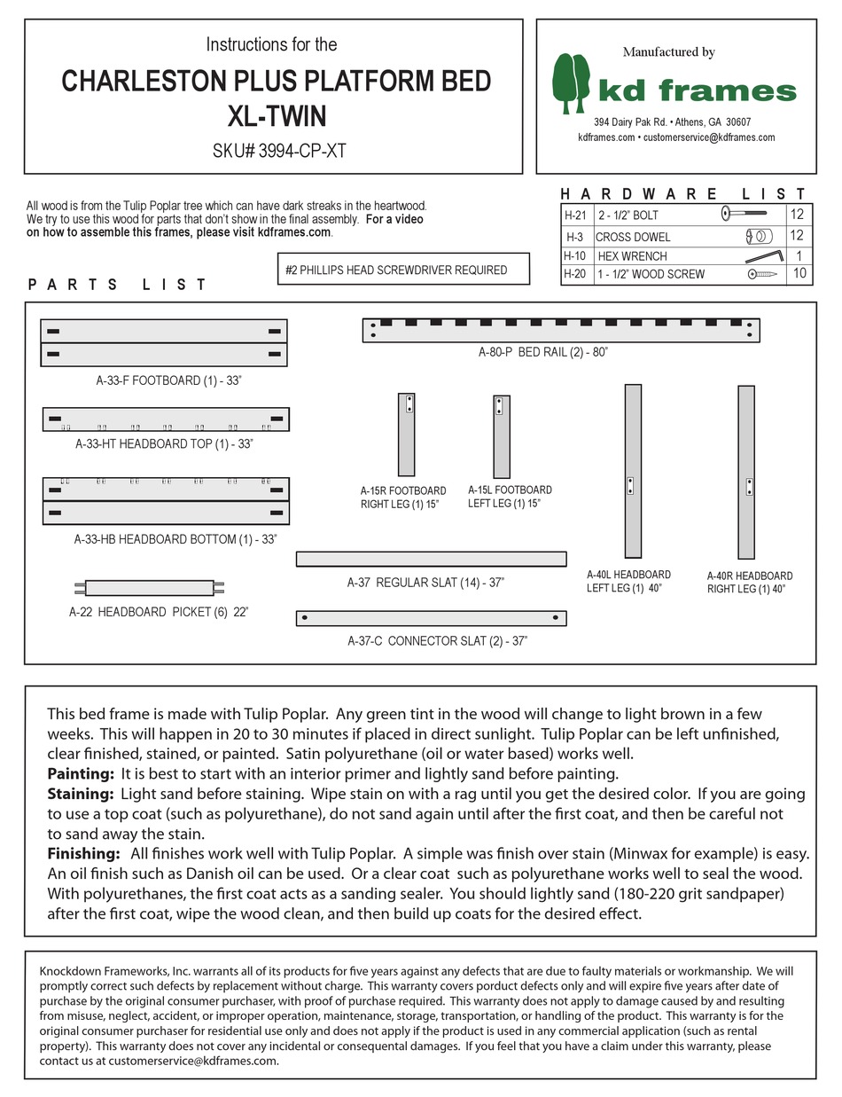 KD FRAMES CHARLESTON PLUS PLATFORM BED XLTWIN INSTRUCTIONS Pdf