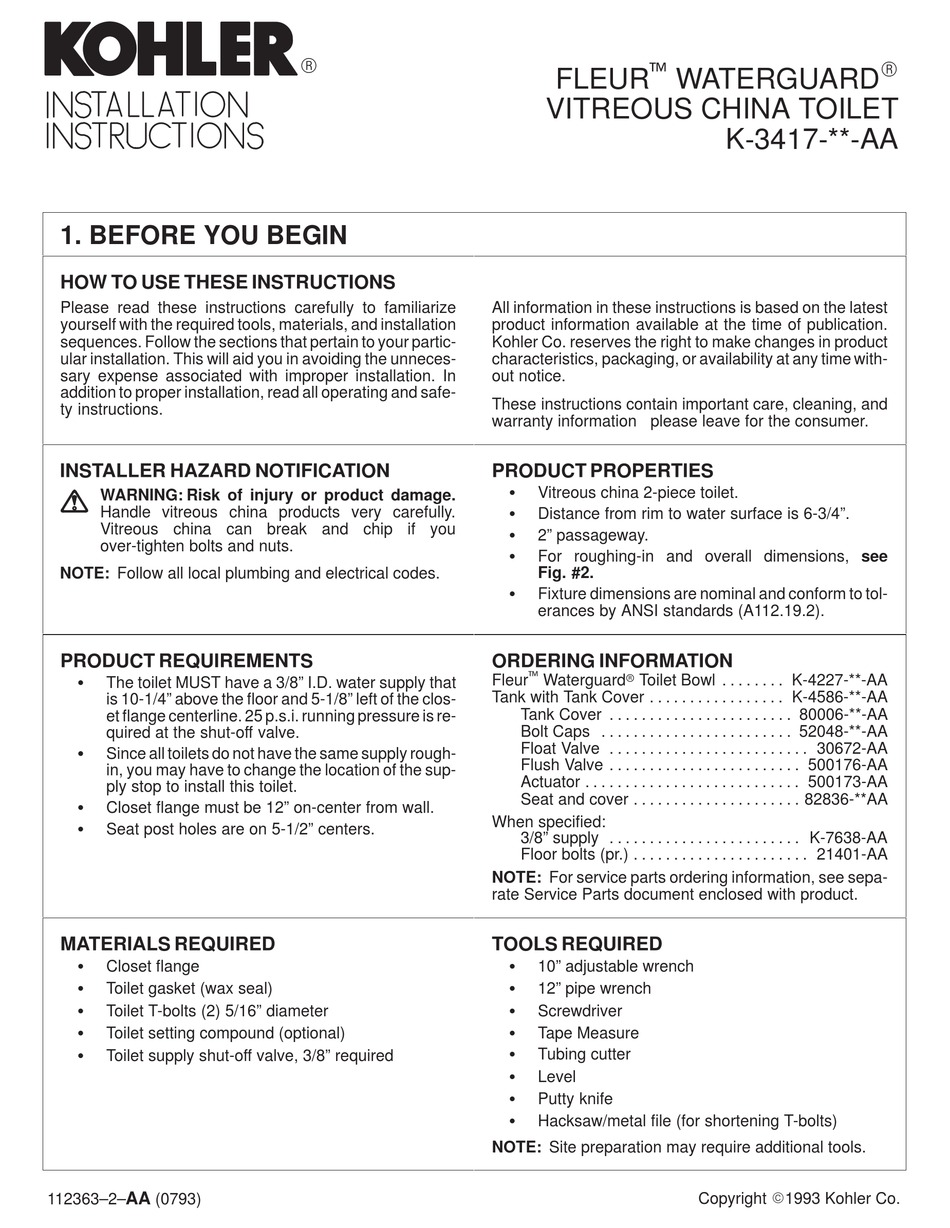 KOHLER FLEUR WATERGUARD K3417 AA SERIES INSTALLATION INSTRUCTIONS