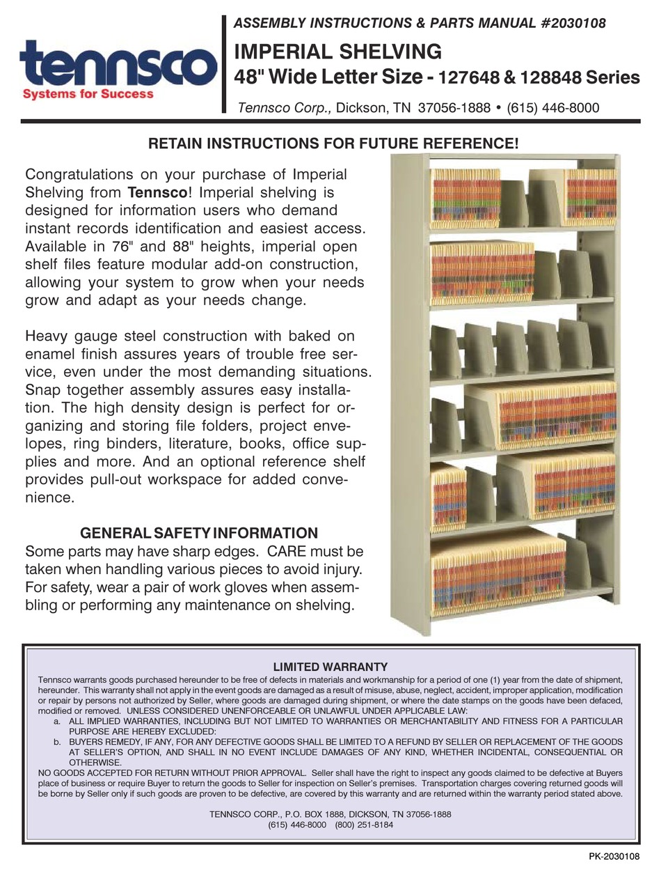 TENNSCO IMPERIAL SHELVING ASSEMBLY INSTRUCTIONS Pdf Download ManualsLib