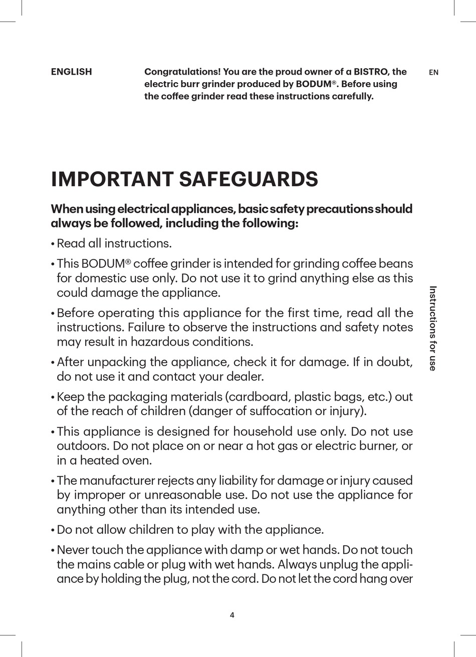 BODUM BISTRO INSTRUCTIONS FOR USE MANUAL Pdf Download ManualsLib