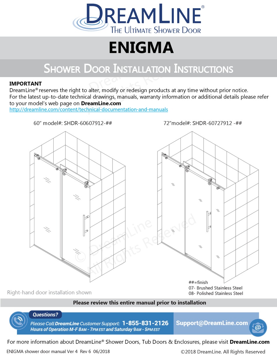 DREAMLINE ENIGMA SHDR60607912 SERIES INSTALLATION INSTRUCTIONS MANUAL