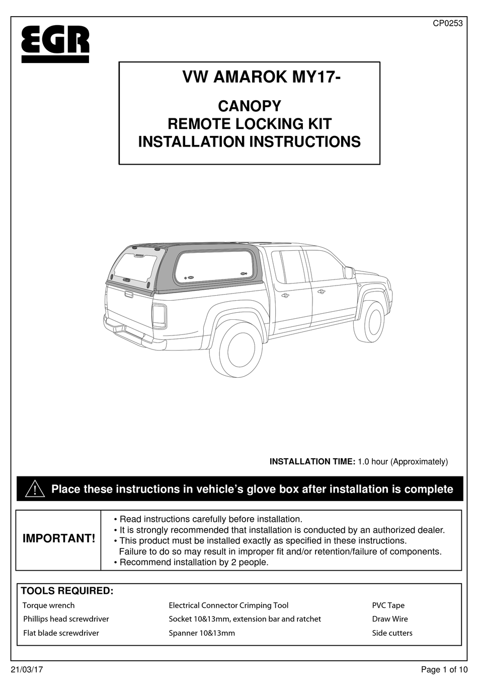EGR CANOPY REMOTE LOCKING KIT INSTALLATION INSTRUCTIONS MANUAL Pdf