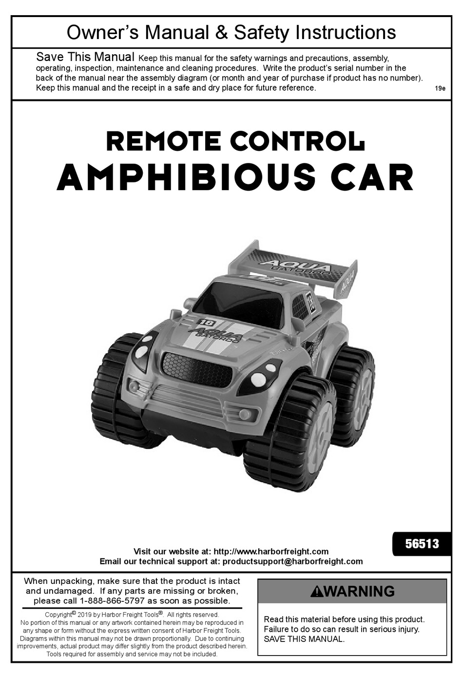 HARBOR FREIGHT TOOLS 56513 OWNER'S MANUAL & SAFETY INSTRUCTIONS Pdf