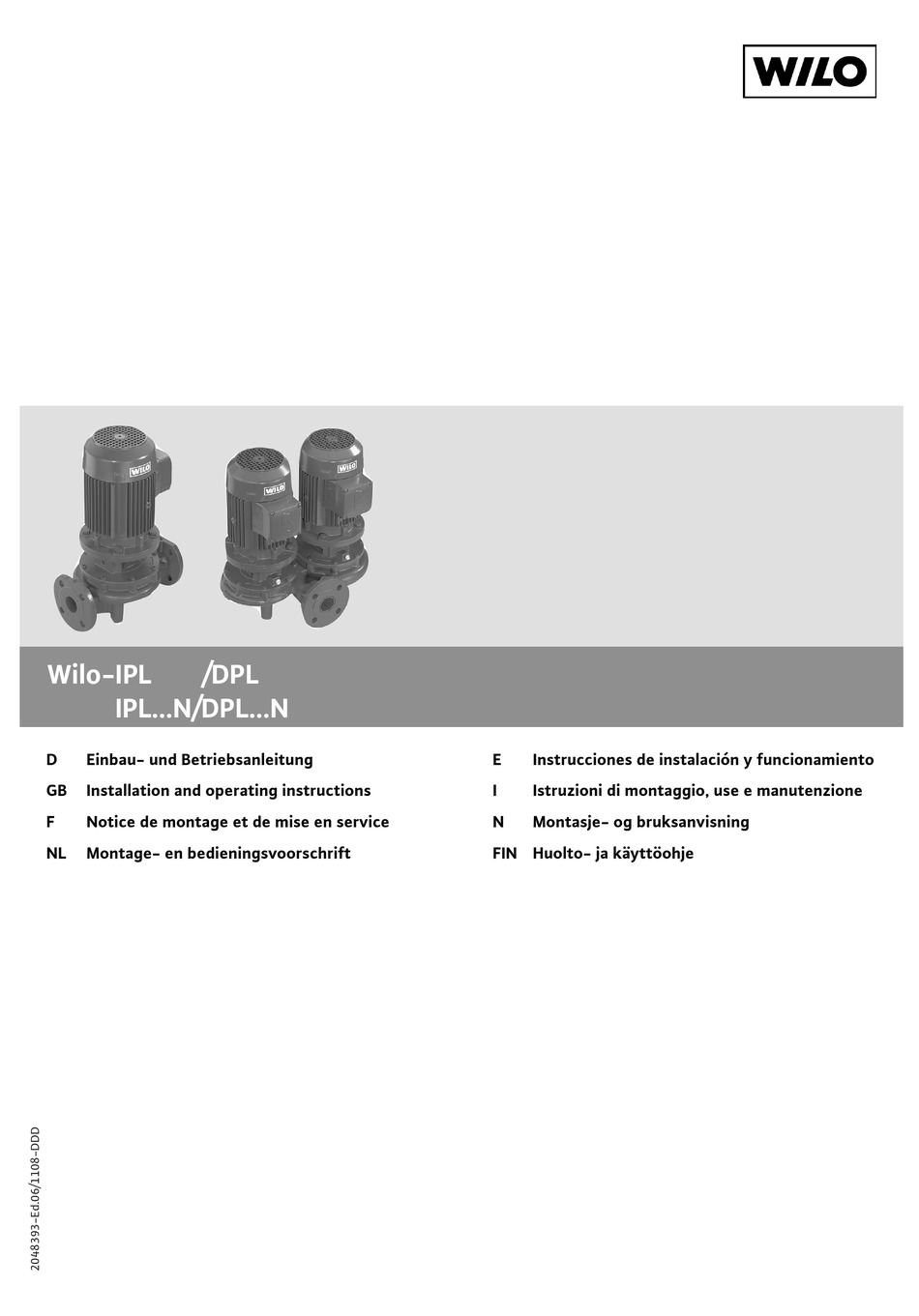 WILO IPL SERIES INSTALLATION AND OPERATING INSTRUCTIONS MANUAL Pdf ...