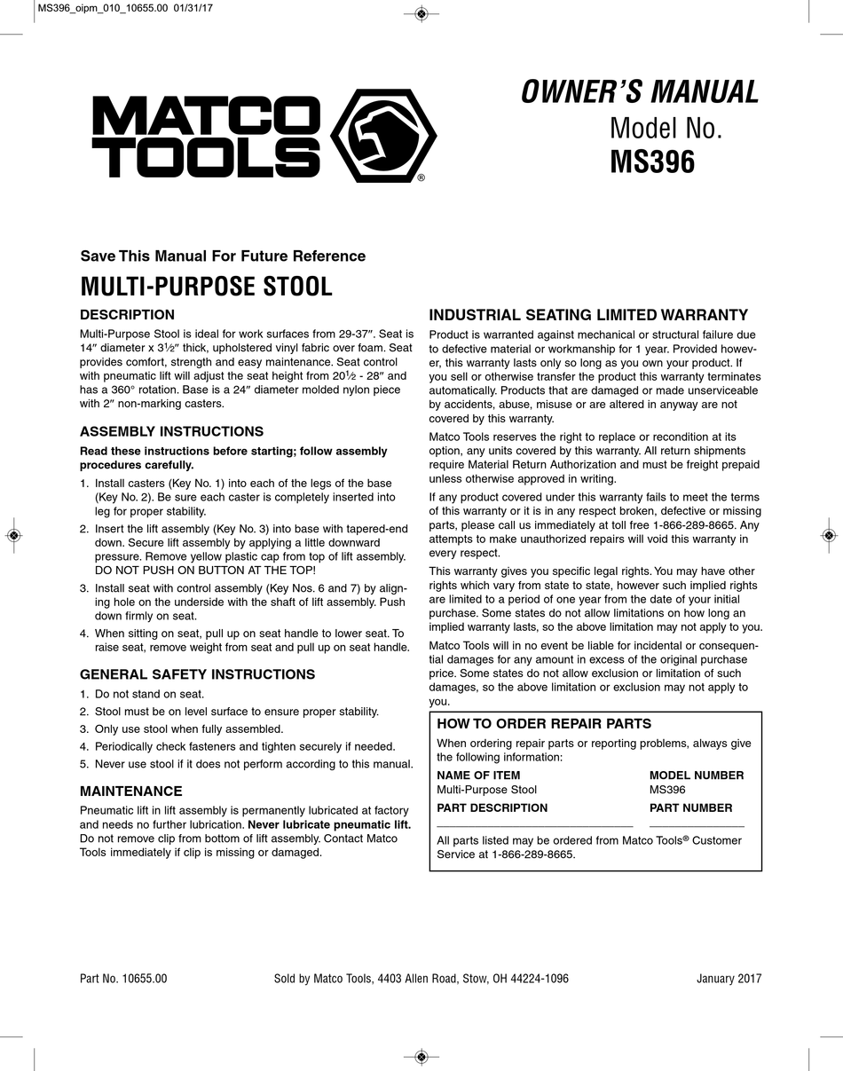 MATCO TOOLS MS396 OWNER
