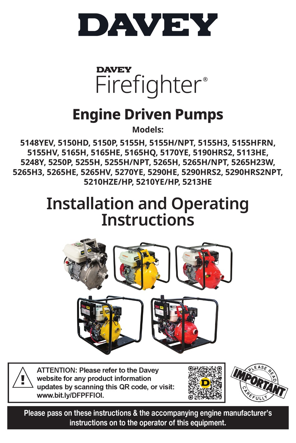 DAVEY FIREFIGHTER 5148YEV INSTALLATION AND OPERATING INSTRUCTIONS