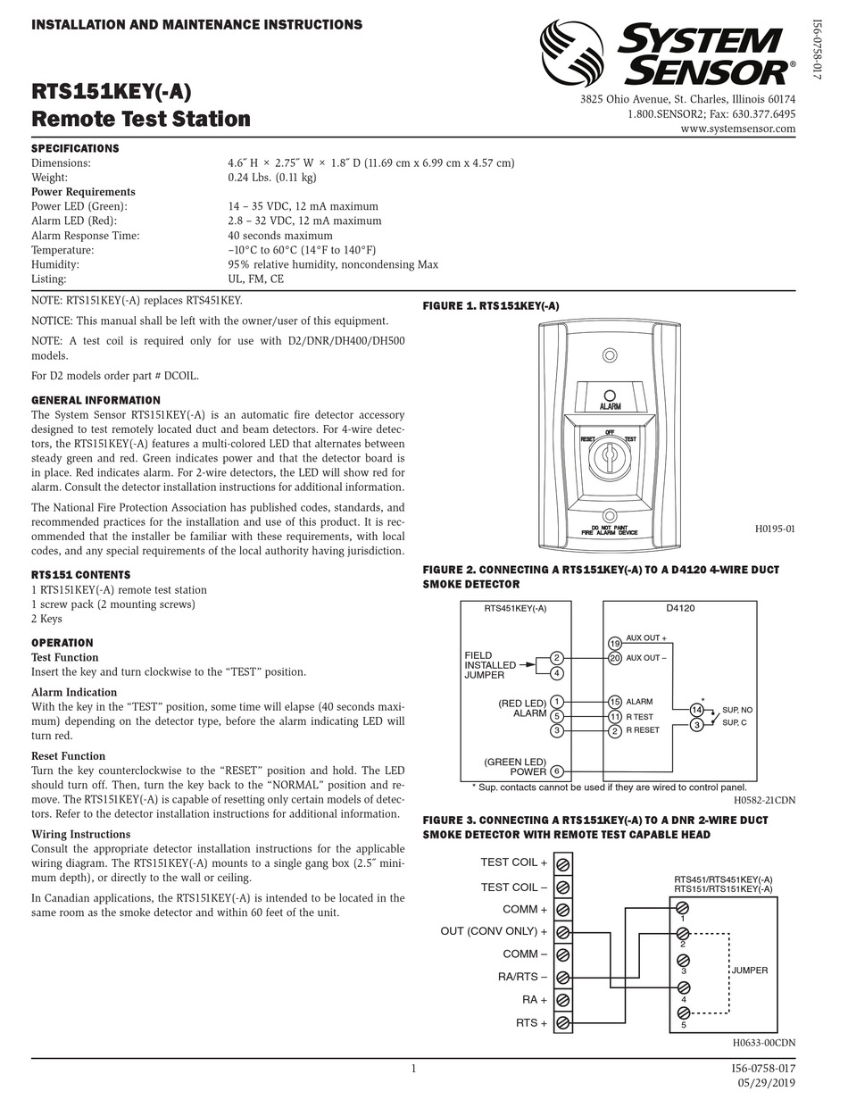 SYSTEM SENSOR RTS151KEY INSTALLATION AND MAINTENANCE INSTRUCTIONS Pdf