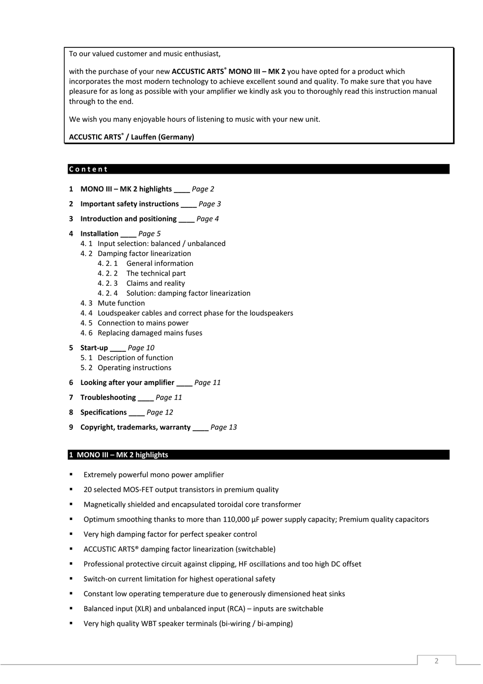 ACCUSTIC ARTS MONO III MK2 MANUAL Pdf Download | ManualsLib