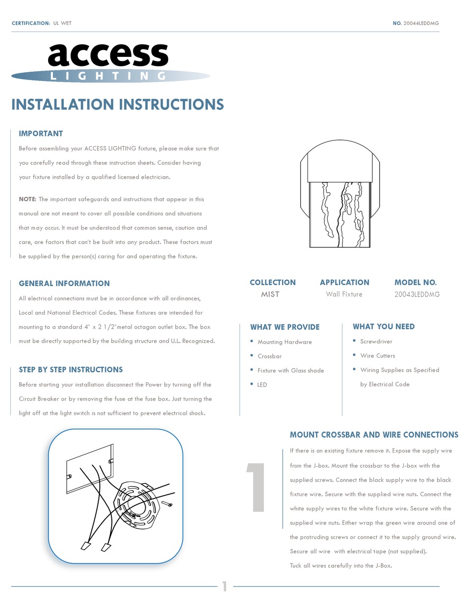 ACCESS LIGHTING 20043LEDDMG INSTALLATION INSTRUCTIONS Pdf Download