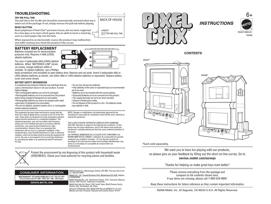 RARE PIXEL CHIX by MATTEL ** INSTRUCTION SHEET FOR THE HOUSES ETC ** USED 
