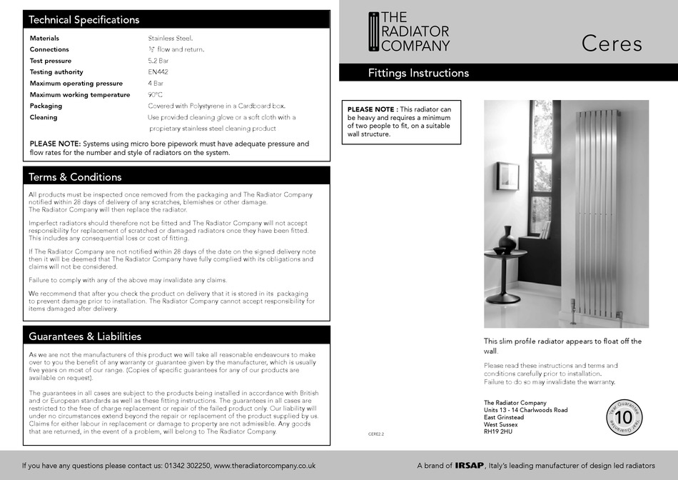 IRSAP THE RADIATOR COMPANY CERES FITTING INSTRUCTIONS Pdf Download