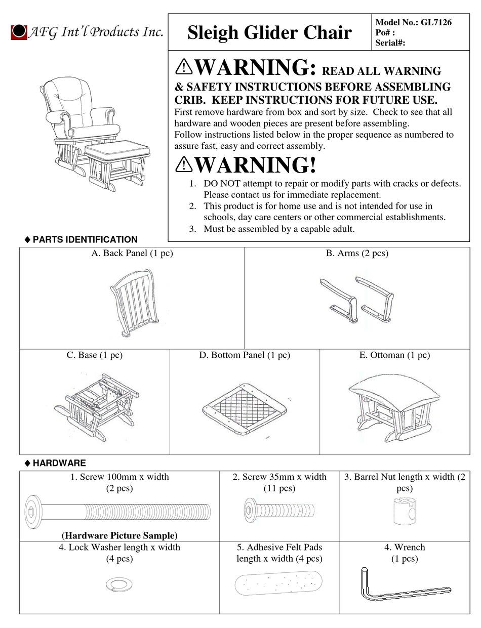 AFG SLEIGH GLIDER CHAIR MANUAL Pdf Download | ManualsLib