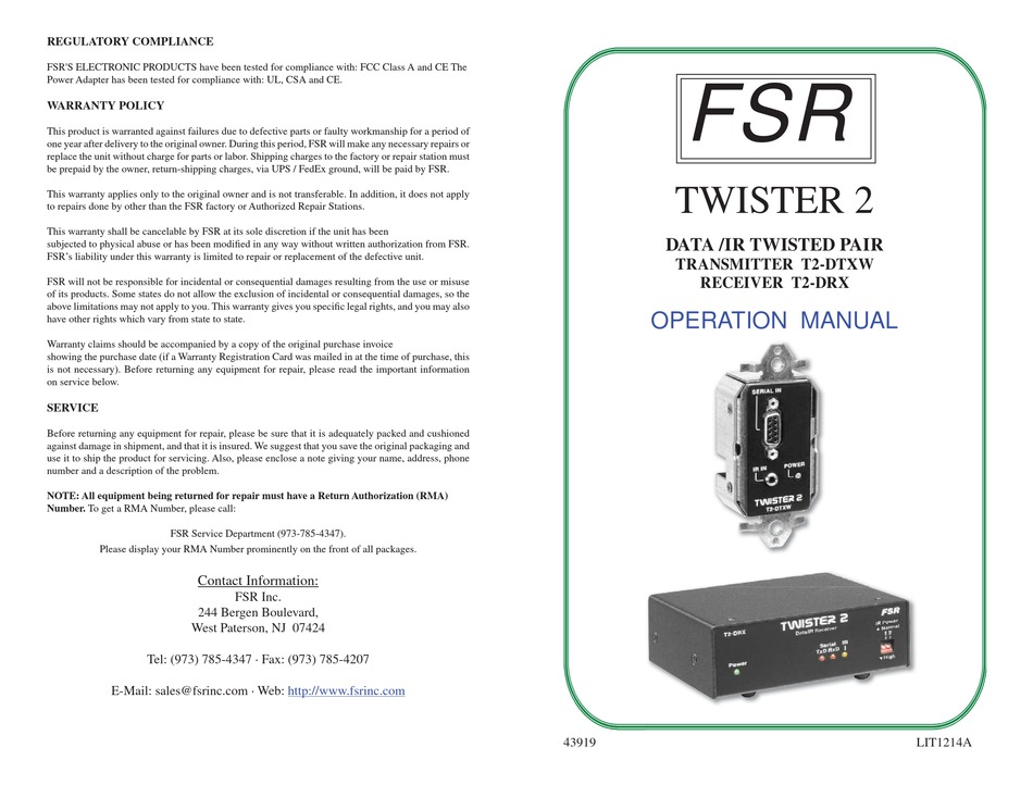 FSR TWISTER 2 OPERATION MANUAL Pdf Download ManualsLib