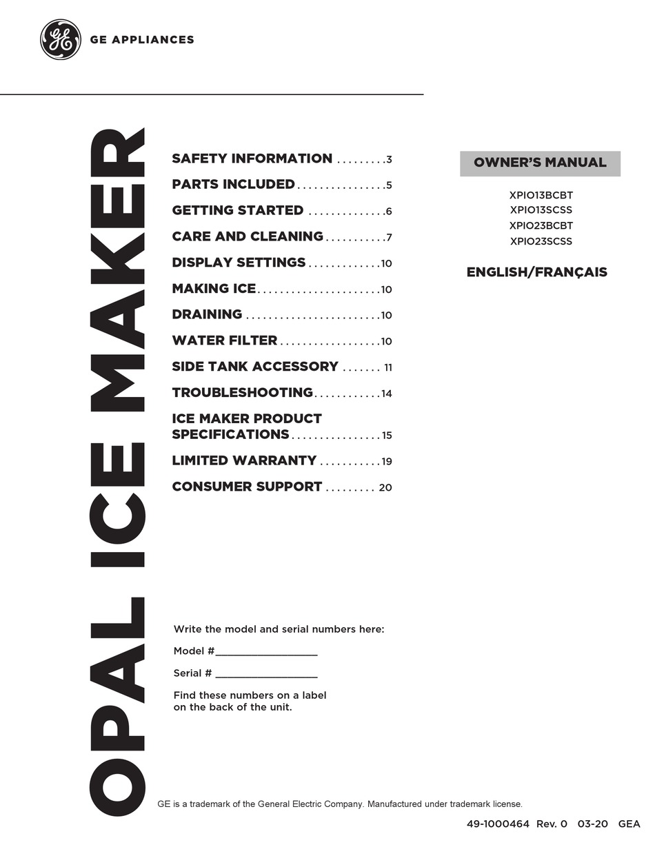 GE OPAL XPIO13BCBT OWNER'S MANUAL Pdf Download | ManualsLib